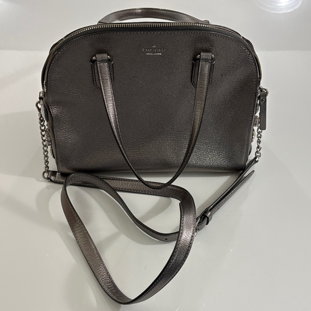 Kate Spade Metallic Pewter Jeweled Satchel Crossbody Crystal Accent Bag